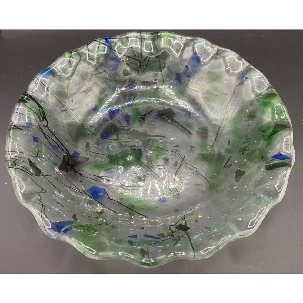 VTG Fused Handmade glass Scalloped Bowl Dish blue green large clear serving - Picture 1 of 5